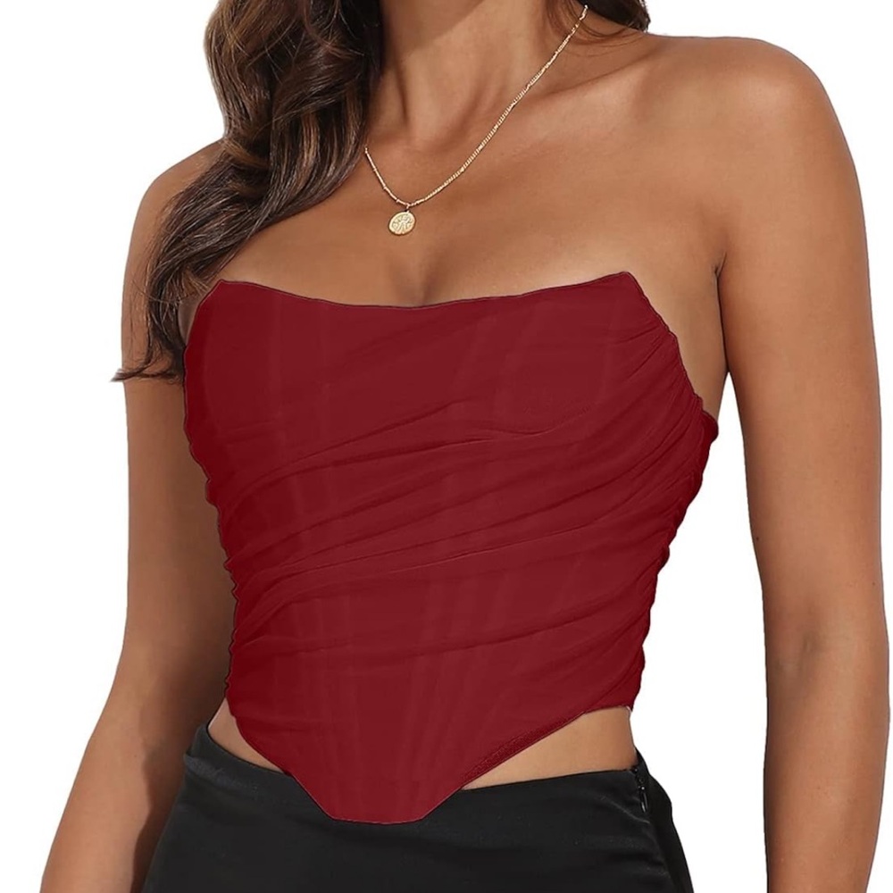 Strapless Open Back Boned Mesh Bustier Zip Back Corset- Wine Red
